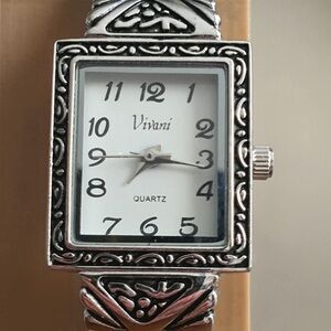 Vivani Silver/White Accented Women's Cuff Watch w/Abalone Stones